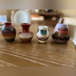 Set of 4 Beautiful Glazed Navajo Handmade Indian Signed Mini Vases